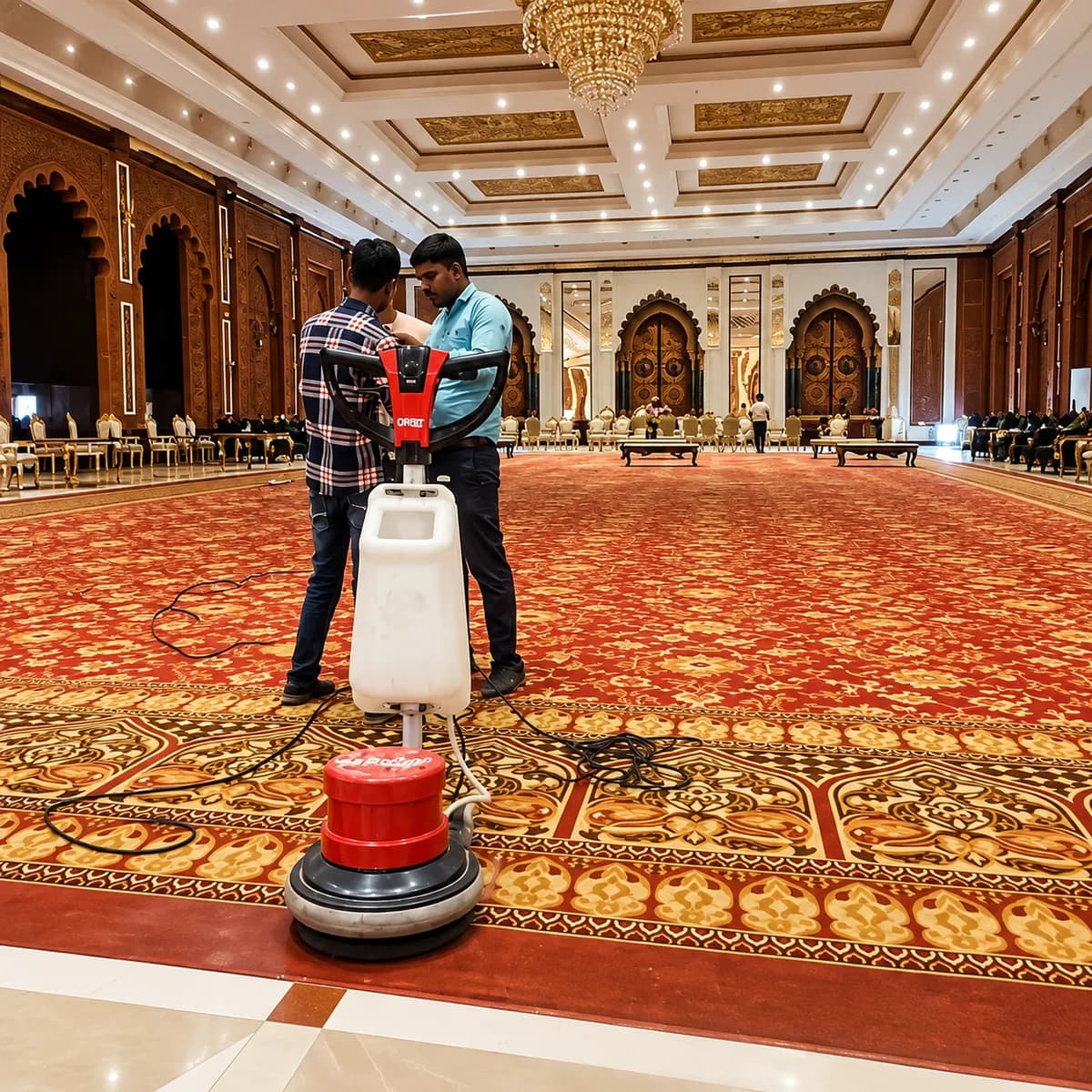Two technicians setting up a rotary carpet cleaning machine on the patterned carpet of a banquet hall