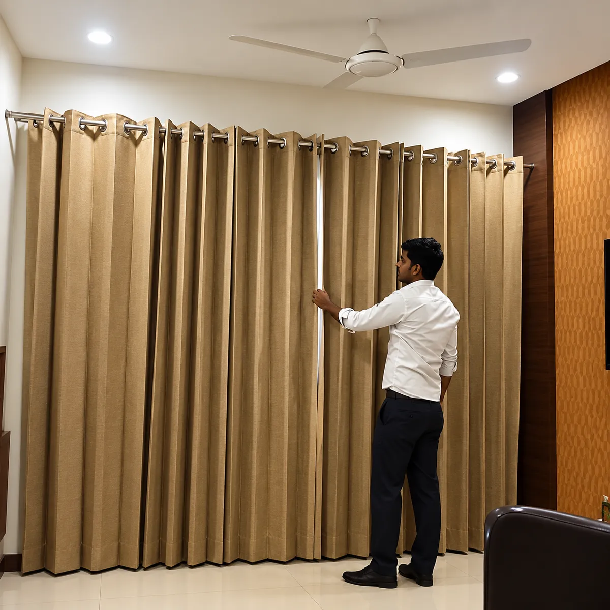 Technician checking floor-length beige eyelet curtains before cleaning